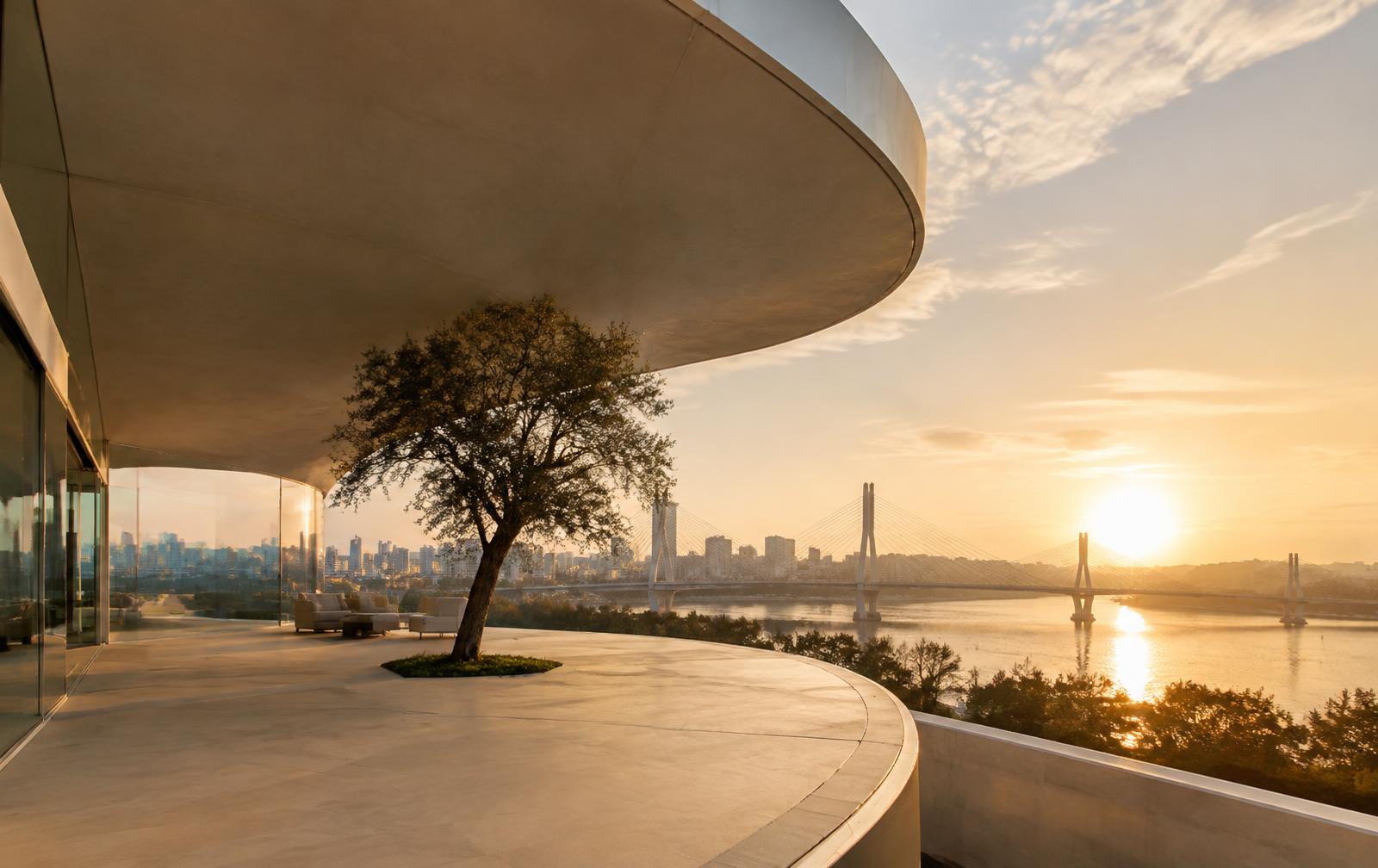 Terraço moderno com vista para a cidade ao pôr do sol